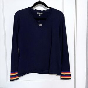 New Allegra K Size XL Scallop V-Neck Sweater Navy Slim Fit Stretch Stripe Cuff